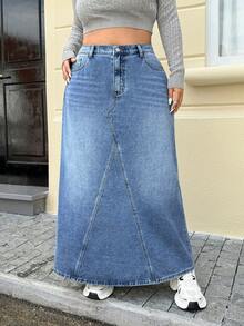 Jeanoix Plus Size Color Block Zipper Pocket Casual Versatile Denim Skirt - Blue - View 6