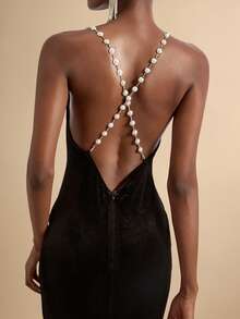 SHEIN Veneréa 天鹅绒垂坠领珍珠链露背美人鱼优雅女士派对礼服 - 黑色 - 查看 7