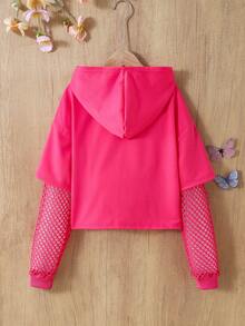 SHEIN Tween Girl Butterfly Print Patchwork Fishnet Drop Shoulder Casual Sweatshirt - Rose Red - View 2
