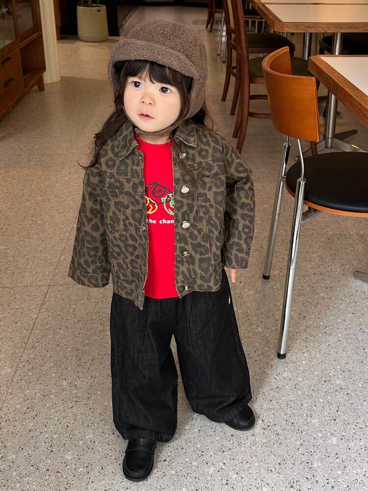 Toddler Girls' Denim Washed Leopard Print Denim Long Sleeve Jacket