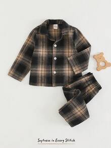 Cozy Pixies 男婴格子翻领长袖开衫上衣和松紧腰裤套装，两件套，保暖内衬，适合冬季穿着，休闲男婴服装，男婴睡衣，纯棉睡衣套装，男童格子图案男婴服装，男婴套装 - 黑與白 - 查看 3