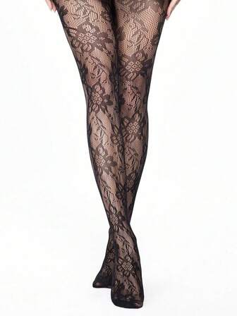 ROMWE Avant 1 par de medias de red de encaje floral sexy, pantimedia opaca vintage erótica, medias transparentes finas y elásticas