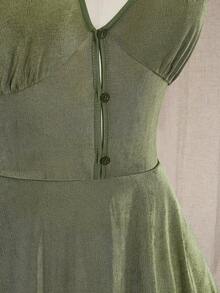 SHEIN ICON 加大码 V 领夸张喇叭袖针织腰 A 字连衣裙，波西米亚风，Y2K 复古军绿色森林仙女裙 - 軍綠色 - 查看 6