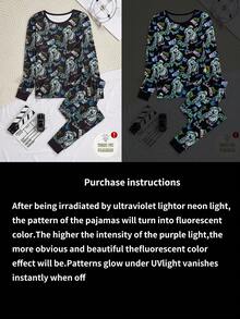 Teen Boys Glow-In-The-Dark Pajama Set,Motorcycle Pattern Snug Fit Long Sleeve Top & Pants,Black Autumn Gothic Holiday Essential Comfortable Nightwear - Black - View 10