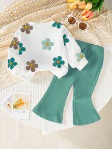 SHEIN 一套女婴休闲可爱碎花印花圆领卫衣和喇叭裤套装，秋冬季 - 彩色 - 查看 2