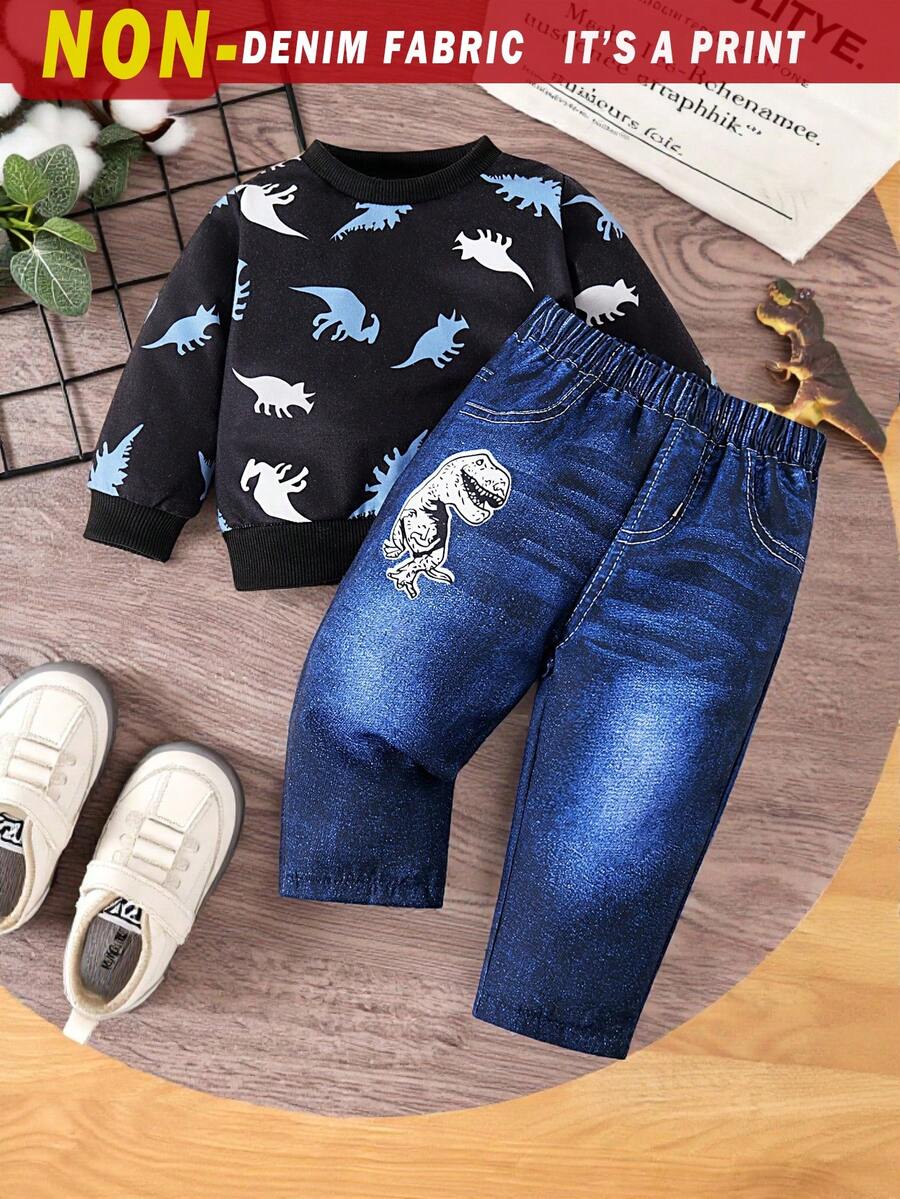 SHEIN 男婴恐龙印花圆领长袖卫衣搭配仿牛仔无腰裤，适合户外探险和休闲穿着，春秋季款 - 黑色 - 查看 1