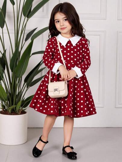 Elladie kids SHEIN KIDS ,Young Girls Clothing,Internet Girl, Girls' Casual Black Contrast Collar Waist Knit Dress, Best Christmas Gifts 2025