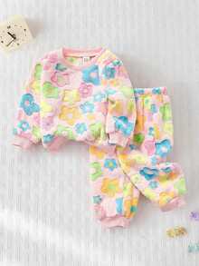 Cozy Pixies 2pcs Baby Girl Floral Print Thermal Lined Crew Neck Long Sleeve Sweatshirt And Elastic Waist Ankle Length Pants Set Soft Baby Girl Pajamas Baby Girl Warm Sets Cozy Baby Girl Set Baby Girl Flower Outfit Baby Girl Winter Clothes  Fashion