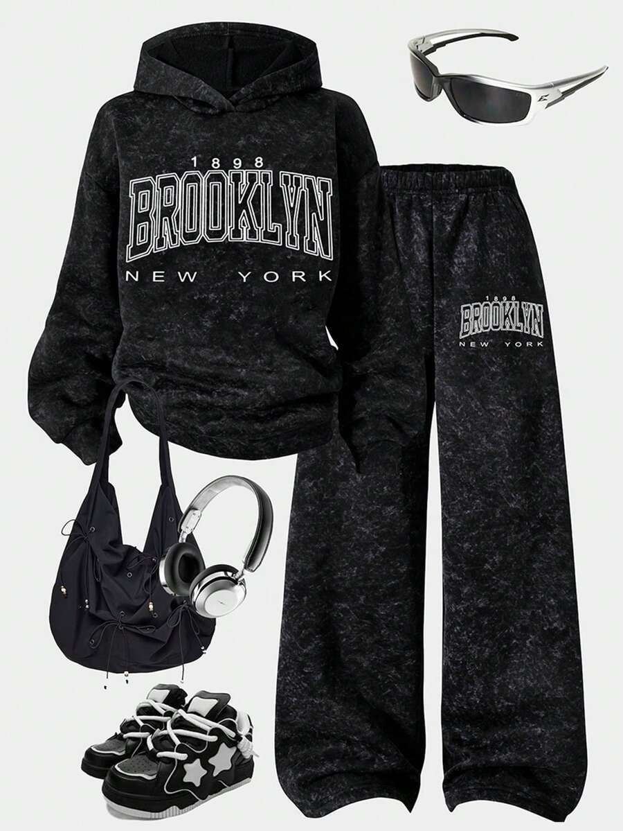 SHEIN 2pcs/Set Girls Tie-Dye Fleece Hoodie And Wide Leg Pants Outfit, Casual Sportswear - Dark Grey - View 1