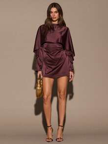 SHEIN BAE Women's Solid Color Stand Collar Long Sleeve Ruched Mini Dress,Elegant Dresses For Women ,Winter Dress,Red Dress,Red Dress Women,Vacation/Valentine's Day,Valentine Outfits For Women Draped Dress - Brown - View 1