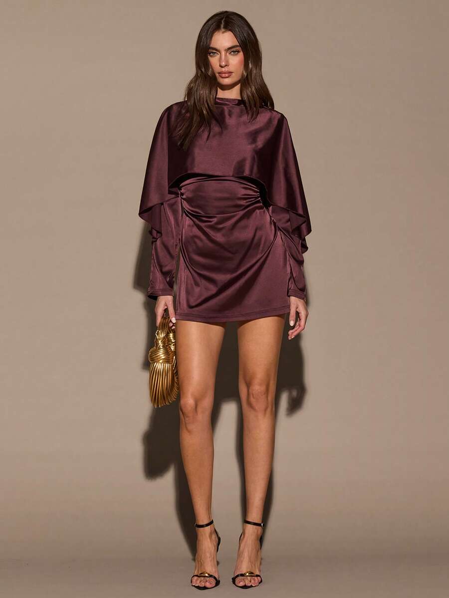 SHEIN BAE Women's Solid Color Stand Collar Long Sleeve Ruched Mini Dress,Elegant Dresses For Women ,Winter Dress,Red Dress,Red Dress Women,Vacation/Valentine's Day,Valentine Outfits For Women Draped Dress - Brown - View 1