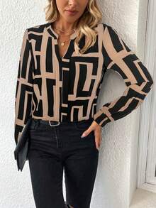 EMERY ROSE 1pc Women Casual All-Over Print Notched Neck Long Sleeve Shirt, Spring/Autumn Fall Cloth For Women