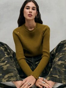 SHEIN Unity Stylish Olive Green Ribbed Sweater With Edgy Distressed Details Around The Neckline And Hem,Autumn Casual Everyday Elegant Relaxed Clothing For Women - Dark Green - View 3