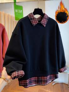 Franclia Retro Casual Autumn And Winter Plaid Patchwork Faux Two-Piece POLO Collar Loose Slimming Navy Blue Winter Women's Clothing Thick Sweatshirt Christmas Pullover Women's Thanksgiving Sweatshirt Women's Winter Sweatshirt Women's Sweatshirt