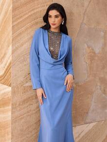 Modelyn Đầm dài ôm sát eo cổ xếp ly thời trang dành cho nữ - Màu xanh lam - Xem 6