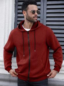 Manfinity Homme Áo nỉ có mũ trùm đầu màu trơn tay dài có khóa kéo phía trước cỡ lớn dành cho nam - Màu Đỏ Sâu - Xem 3