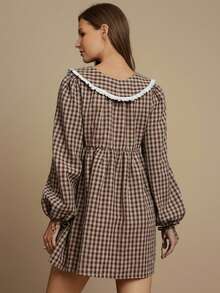 WESTFADE Gingham & Eyelet Collared V Neck Tie Sleeve Babydoll Mini Dress Cute Fall Clothes For Women Country Concert Outfit - Redwood - View 2
