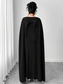 Elenzga 大码女士纯色优雅长款连衣裙，配披肩和串珠装饰 - 黑色 - 查看 2