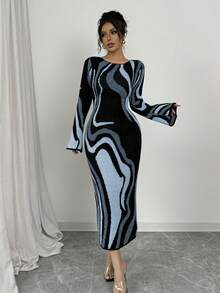 Elenzga Women's Fashion Commuter Color Block Bodycon Waist Knit Dress - Blue - View 6