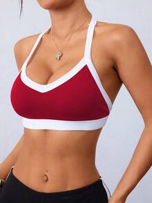 Dewbera 单件式无缝运动文胸，吸湿排汗面料，可调节肩带，基础款，适合健身、瑜伽 - Fiery Red - 查看 5