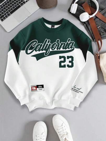 Manfinity Campus Court California No.23 Green & White Contrast Color Block Retro American Style Pullover Fashionable Casual Sweatshirt For Youth, Couple Design With American Print, Thermal Lined