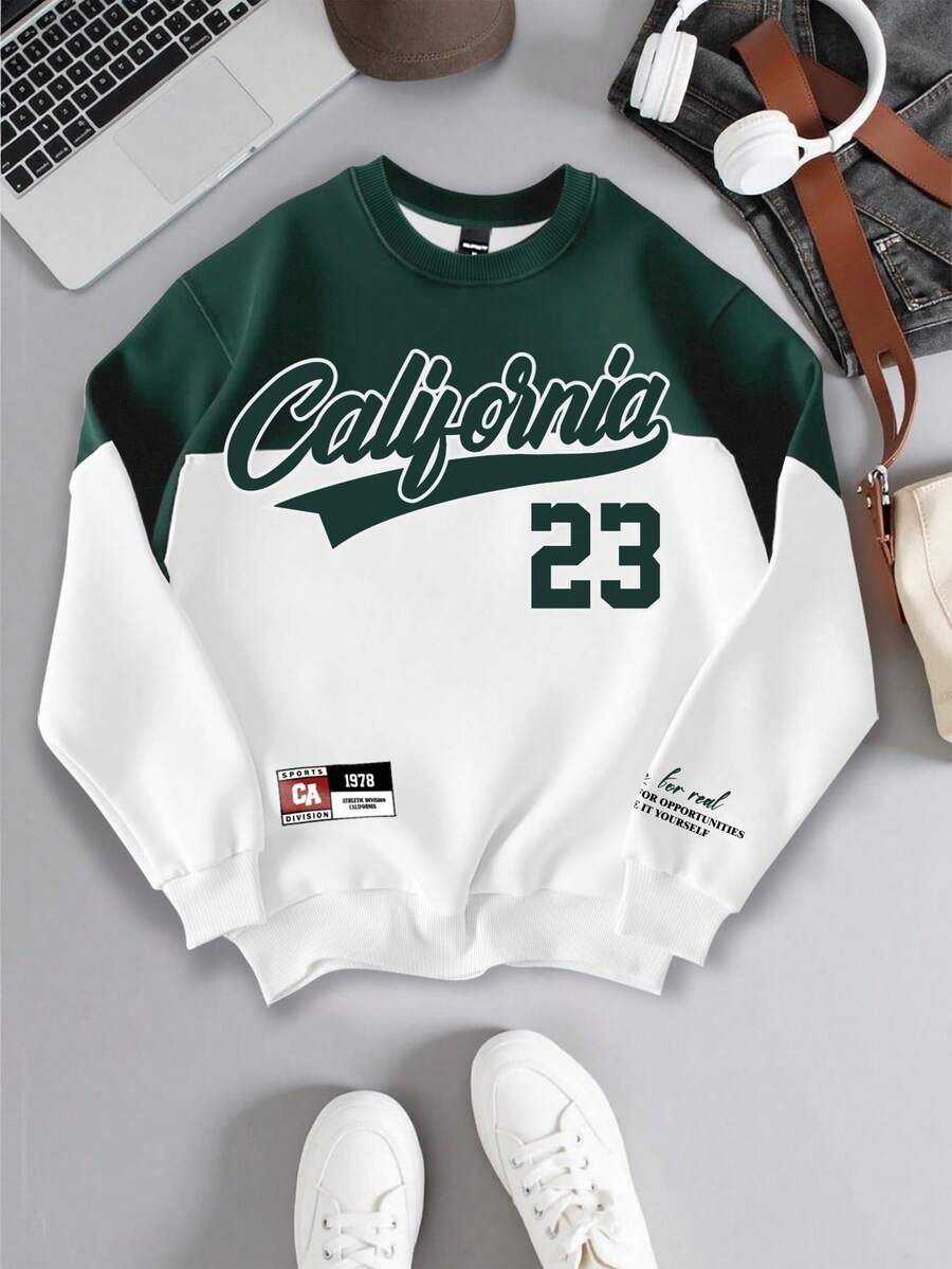 Manfinity Campus Court California No.23 Green & White Contrast Color Block Retro American Style Pullover Fashionable Casual Sweatshirt For Youth, Couple Design With American Print, Thermal Lined - Multicolor - View 1