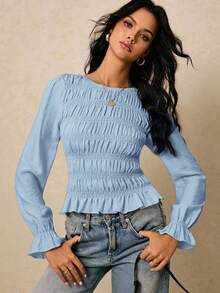 Poéselle Women's Solid Color Round Neck Long Sleeve Ruffle Hem Fashionable Blouse - Baby Blue - View 4