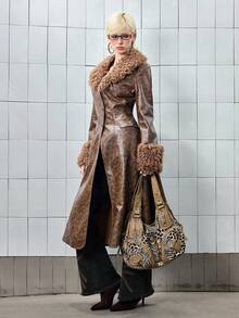 ROMWE Hippie Women's Retro Basic PU Patchwork Faux Fur Long Jacket - Brown - View 1