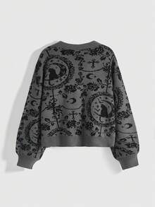 ROMWE Goth Cárdigan negro oscuro con estampado completo de gato misterioso de luna gótica para mujeres - Gris Oscuro - Ver 2