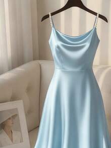 SHEIN Franclia Women's Elegant Satin Pearl Slip Dress, Shiny Fabric, Suitable For Commute, Party, And Events