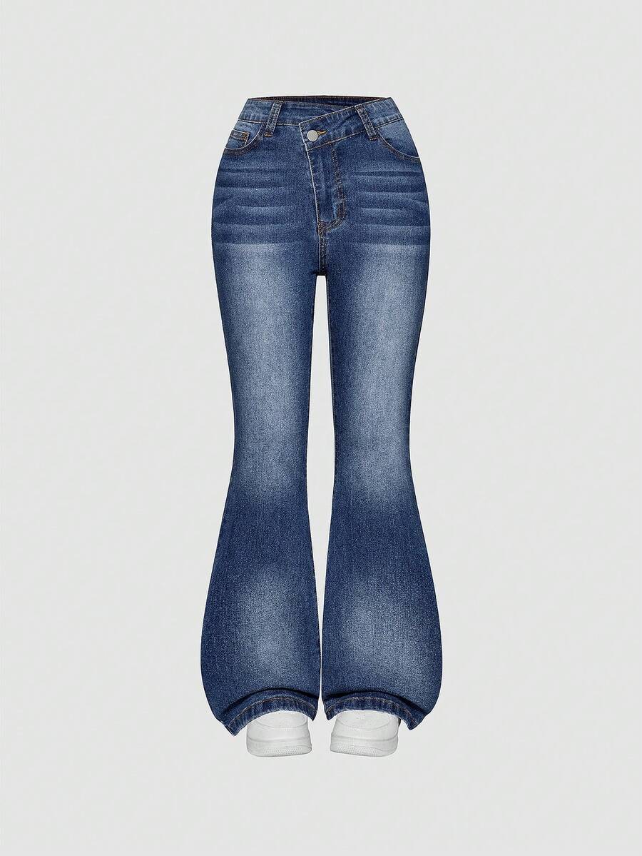 SHEIN ChillGRL Y2K Fashion Versatile Popular Heavy Washed Elastic Flare Jeans For Teenage Girls - Medium Wash - View 1