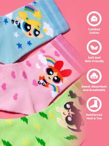 THE POWERPUFF GIRLS X SHEIN 3 Pairs Girls Cotton Soft & Breathable Moisture-Wicking Toddlers & Kids Mid-Calf Socks Colorful Cute Cartoon Crew Socks Reinforced Toe & Heel For Durability All Seasons All-Match School & Outdoor Summer Winter,Gift Ideas