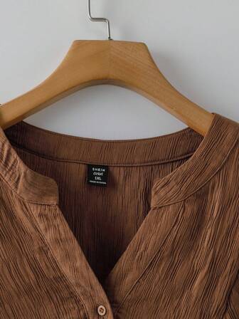 Al Najma Plus Size Women's Solid Color Half-Placket V-Neck Long Sleeve Pleated Casual Shirt & Pants Arabic Style Set