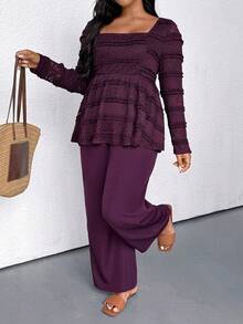 EMERY ROSE Bluzka damska w dużym rozmiarze z koronkowym kołnierzykiem, długim rękawem i rozszerzanymi mankietami oraz wygodnymi spodniami o prostych nogawkach, elegancka na co dzień, na jesień/zimę - Czerwony fiolet - Zobacz 4