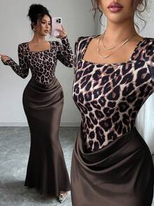 Elenzga Leopard Print Collared Long Sleeve Waist Cinched Bodycon Satin & Tweed Patchwork 2 In 1 Pleated Elegant French Chic Dress For Commute - Brown - View 7