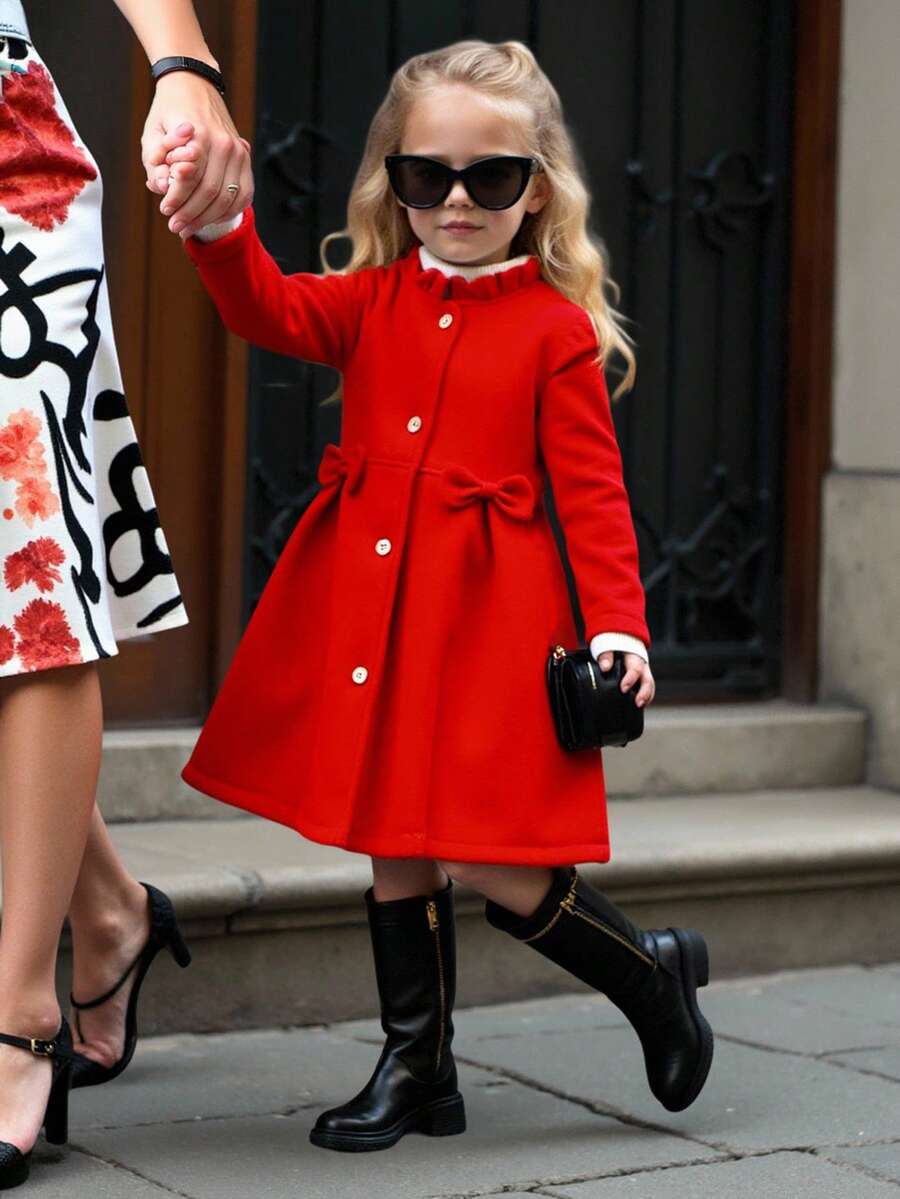 Elladie kids 女童甜美公主风杏色荷叶边领蝴蝶结装饰中长外套，韩版可爱儿童外套，适合日常上学、家庭休闲、节日聚会（如生日派对、新年拜访等），实用又时尚 - 紅色 - 查看 1