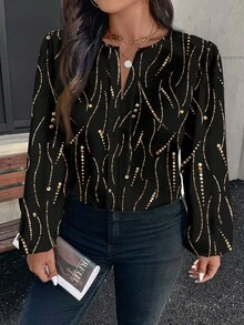 SHEIN Clasi Casual Plus Size Foil Striped Polka Dot Notched Neck Shirt - Multicolor - View 5