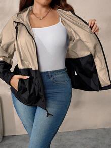 EMERY ROSE 大码女式拼色连帽抽绳拉链休闲夹克 - 卡其色 - 查看 5