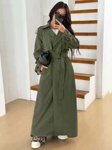 SHEIN EZwear 女士橄榄绿双排扣休闲长款风衣 女士风衣 系带风衣 橄榄绿风衣 深绿色外套 女士长款夹克 军绿色风衣 深绿色外套 橄榄绿长款外套 - 軍綠色 - 查看 5