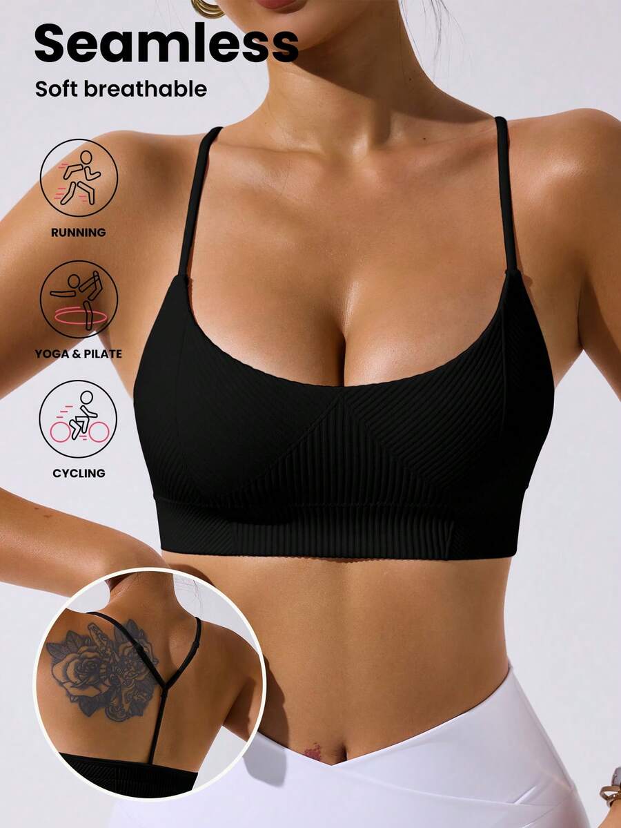 SHEIN Sovereign Charm Women's Solid Color Ribbed Seamless Fitness Sports Tank Top Seamless Bra Yoga Bra Seamless Sports Bra - Black - View 1
