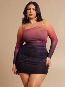 SHEIN BAE Váy mini tay dài màu ombre thanh lịch cỡ lớn cho nữ, mùa thu/đông - Nhiều màu - Xem 1