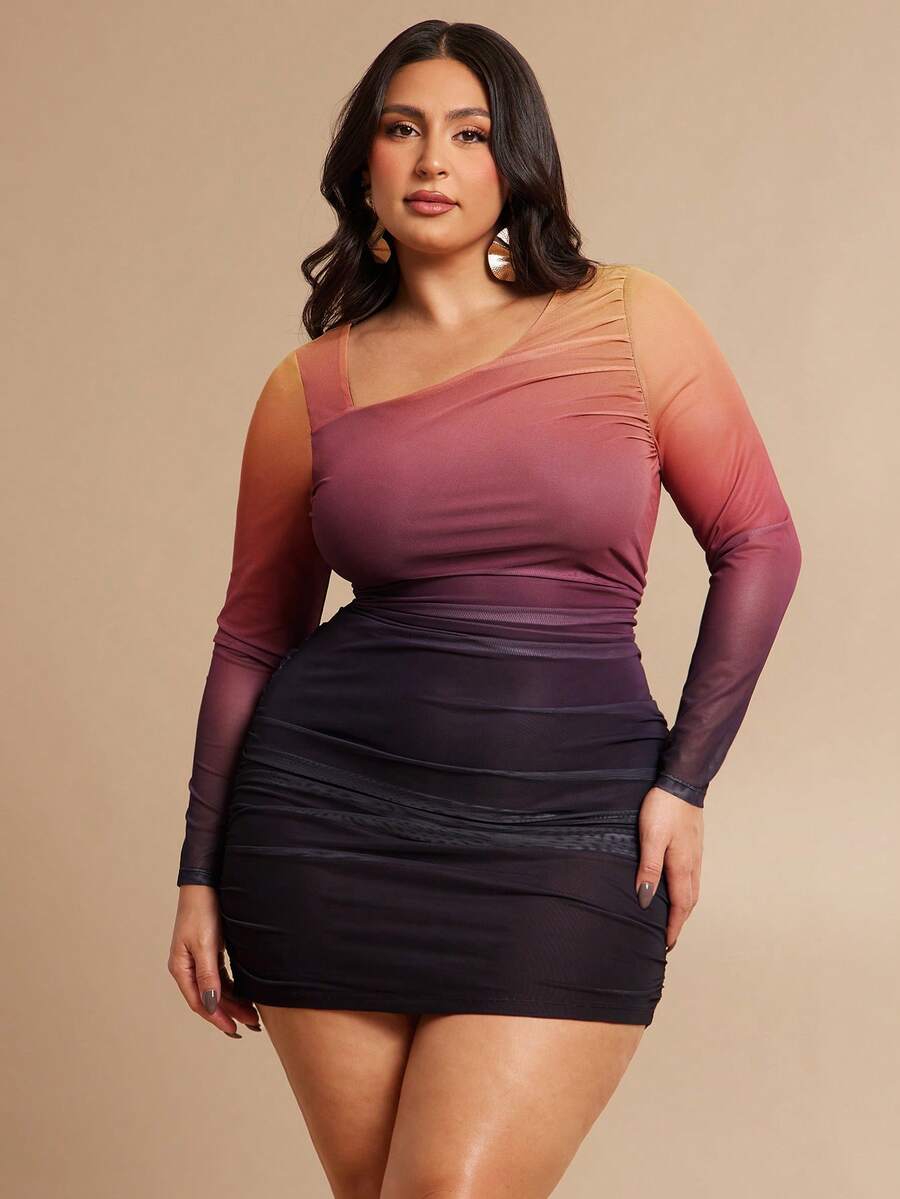 SHEIN BAE Váy mini tay dài màu ombre thanh lịch cỡ lớn cho nữ, mùa thu/đông - Nhiều màu - Xem 1