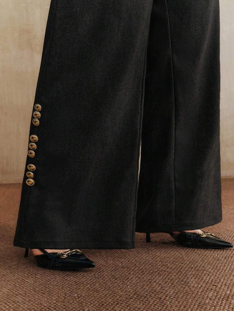 レディース エレガントなプラスサイズ カジュアルグレーパンツ メタルボタンデコレーション 秋冬