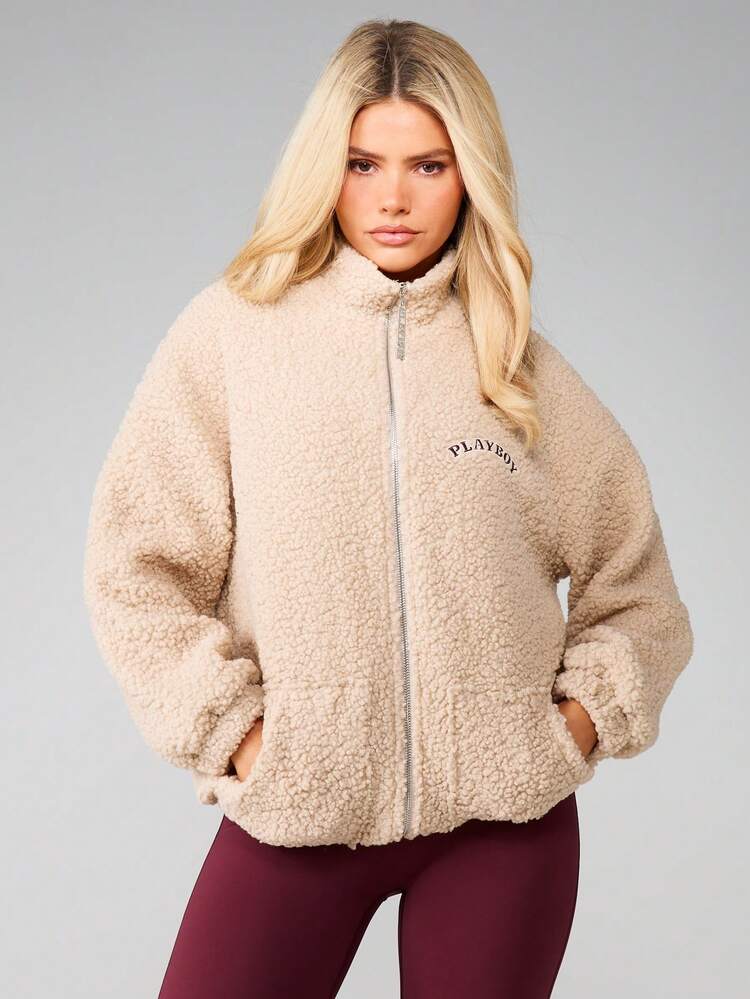 Missguided x Playboy Sherpa Fleece Zip Jacket With Branding