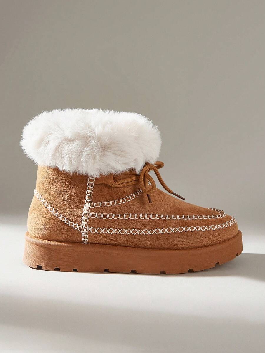 Solecia Damen Braun Neue Mode Bequeme Plüsch Dicke Sohle Warme Schneestiefel, Dicke Fütterung, Einfarbig Schnürung Dekorative Steppnaht Lässig Knöchel Stiefel, Warme Stiefel
