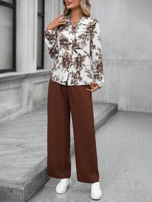 EMERY ROSE 女士印花长袖衬衫和裤子休闲两件套 - 棕色 - 查看 4