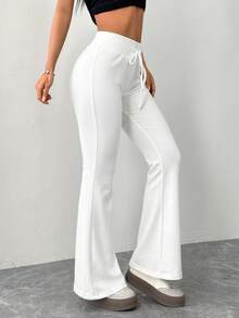 SHEIN PETITE Women's Casual Gray Knitted Elastic Waist Flared Sweatpants Wide Leg Sweatpants White Beach Pants Women White Pants White Sweat Pants White Flare Pants