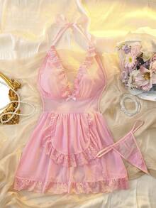 2pcs Pink Maid Heavily Layered Cake Ruched Lace Trim Bow Sexy Lolita Sleepwear For Women - Pink - View 6