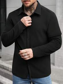 Manfinity CasualCool 男士休闲百搭纯色衬衫 黑色长袖衬衫 男士针织衬衫 男士黑色衬衫 男士黑色正装衬衫 男士哥特衬衫 日常休闲、周末旅行、户外活动、探险旅行、轻松的工作环境或半正式场合，男友/丈夫礼物、周年纪念礼物、圣诞节服装 - 黑色 - 查看 5