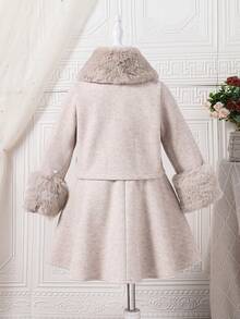 SHEIN Young Girl Long Sleeve Jacket With Fur Collar And Skirt Set, Autumn/Winter